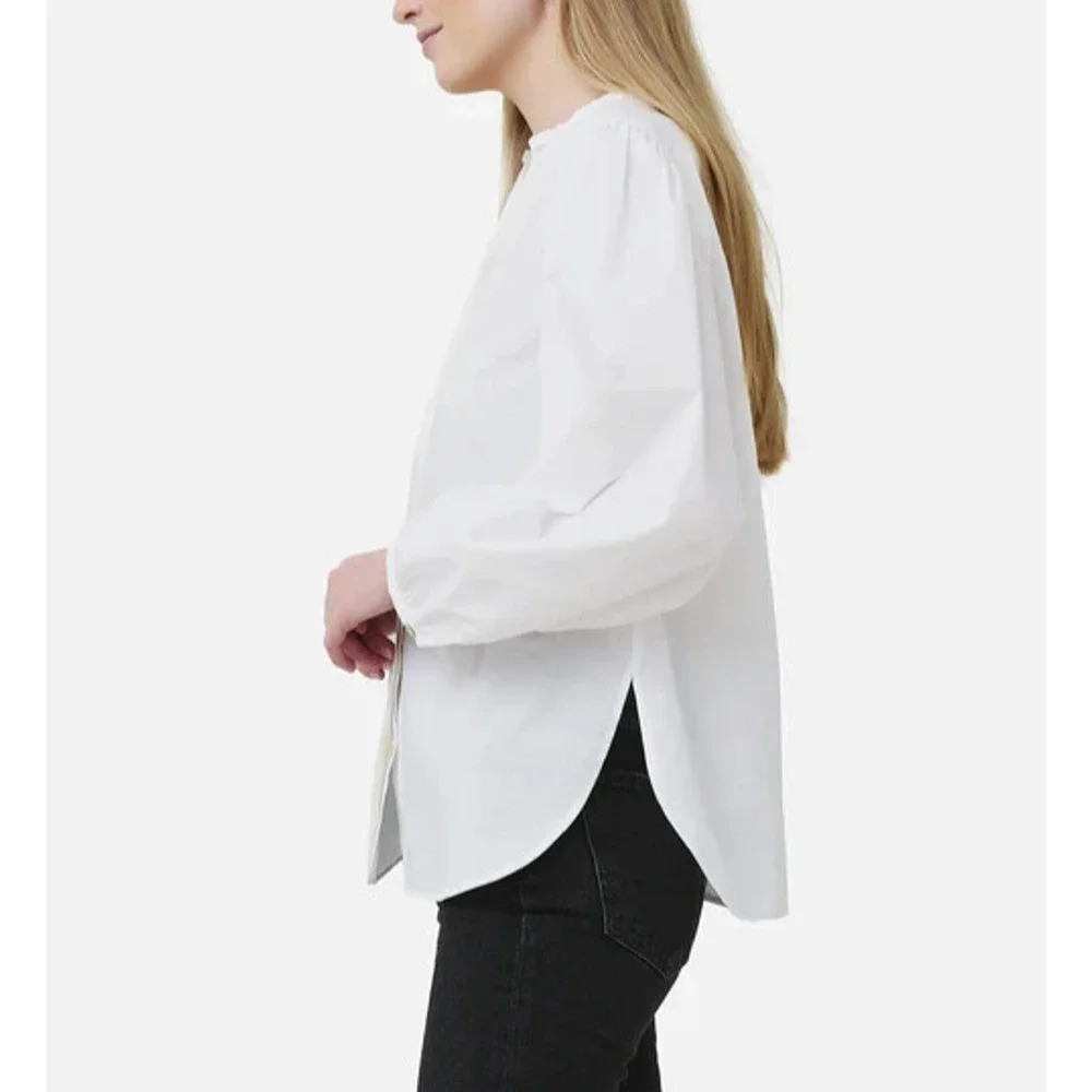 Vince Women's Braid Trim Band Collar Blouse White Button up Top Deep V-Neck XL - Picture 7 of 16